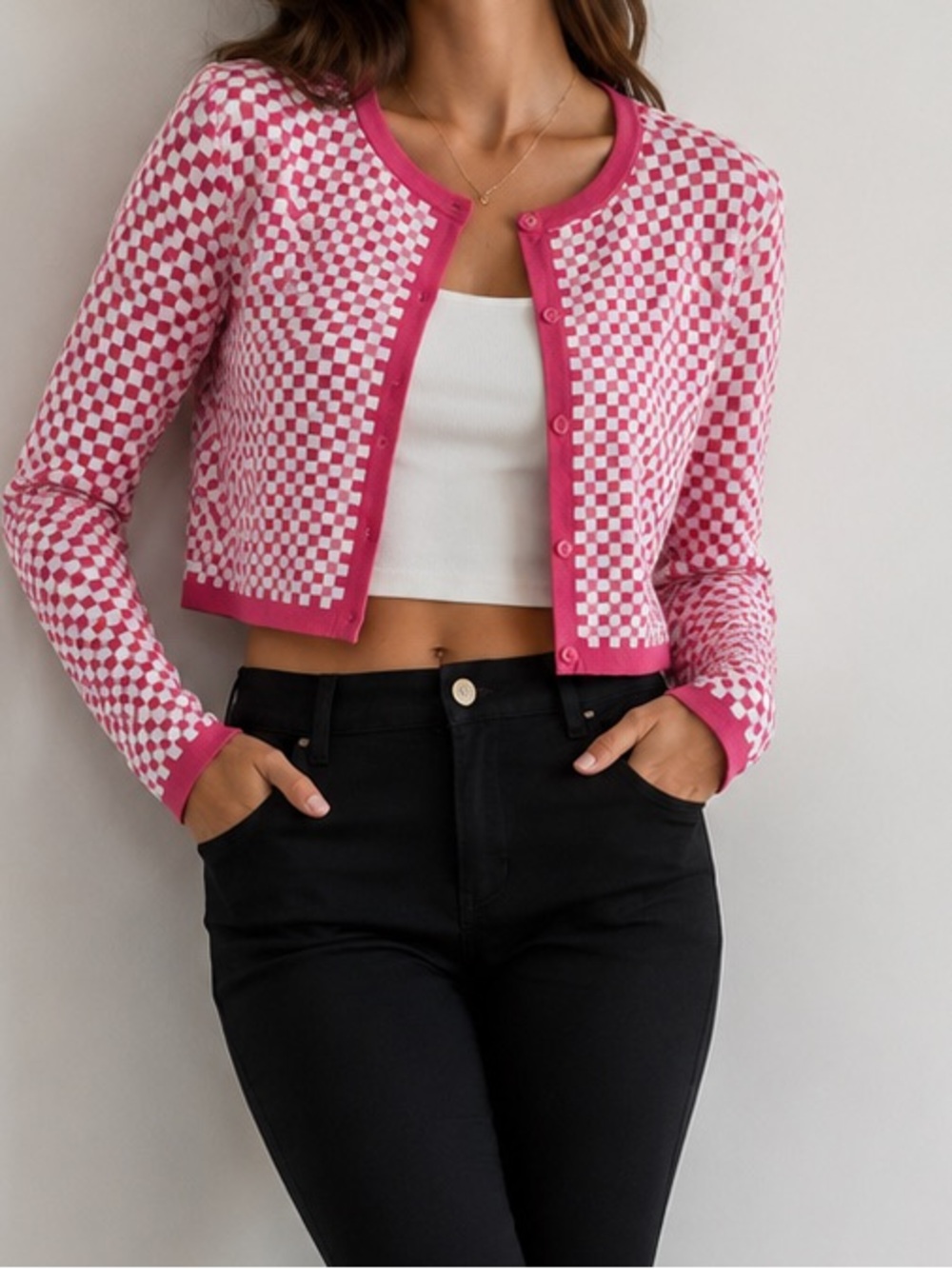 ZARA Pink and White Button down Checker Knit Top/Cardigan